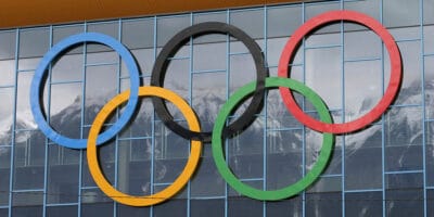 The Olympic logo on a building
