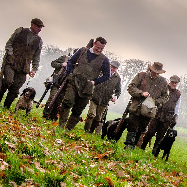 A group of shooters walking with their dogs through a field
