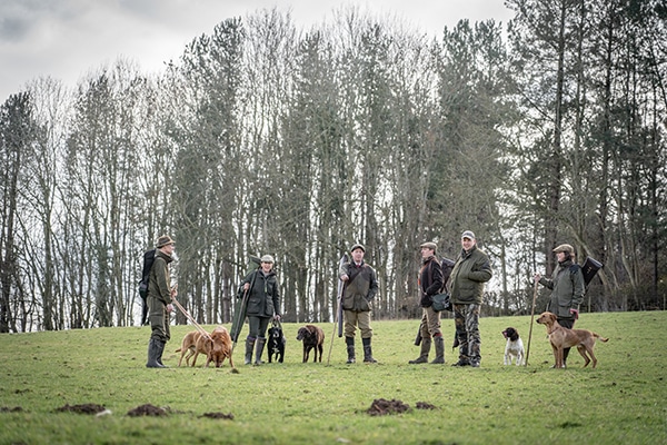 A group of shooters standing with their gundogs talking