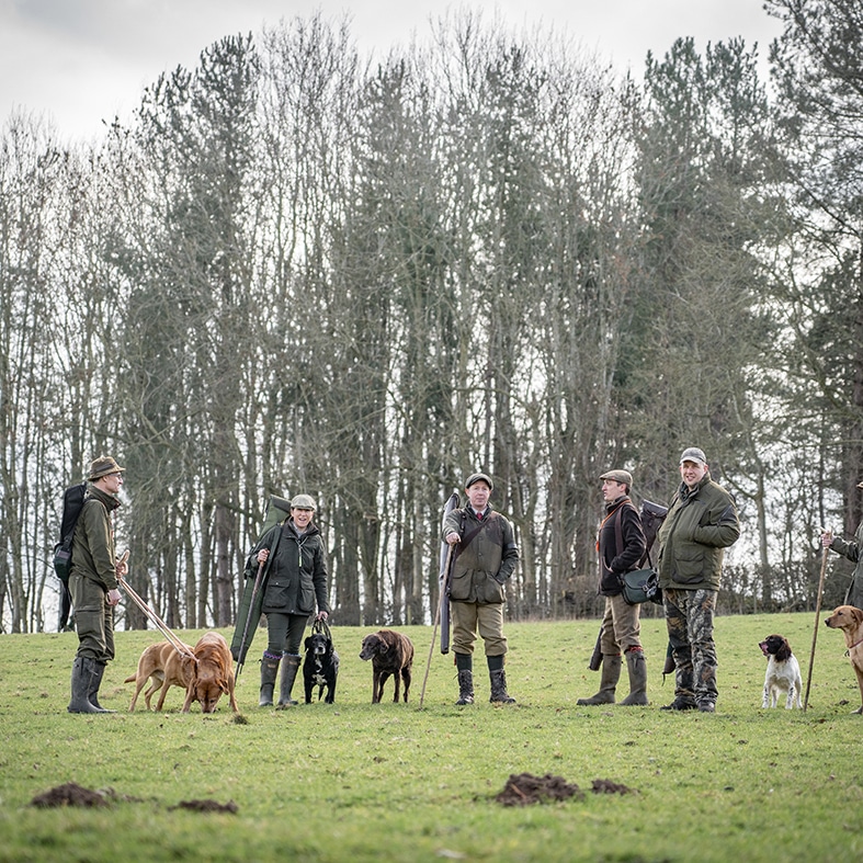 A group of shooters standing with their gundogs talking
