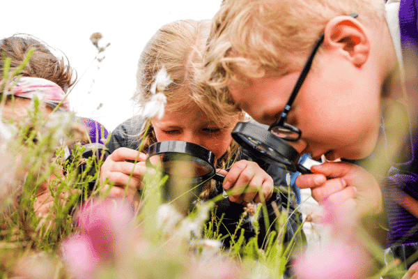 Two children look at grass through magnifying glasses
