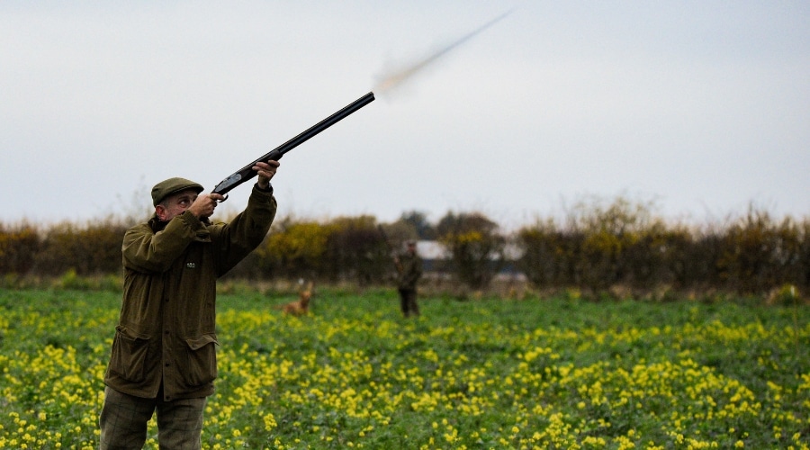 A game shooter aiming their shotgun