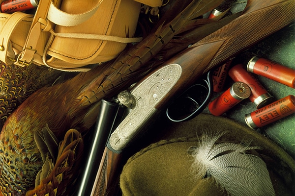 A shotgun and a dead pheasant lying on a surface with cartridges and a cartridge bag