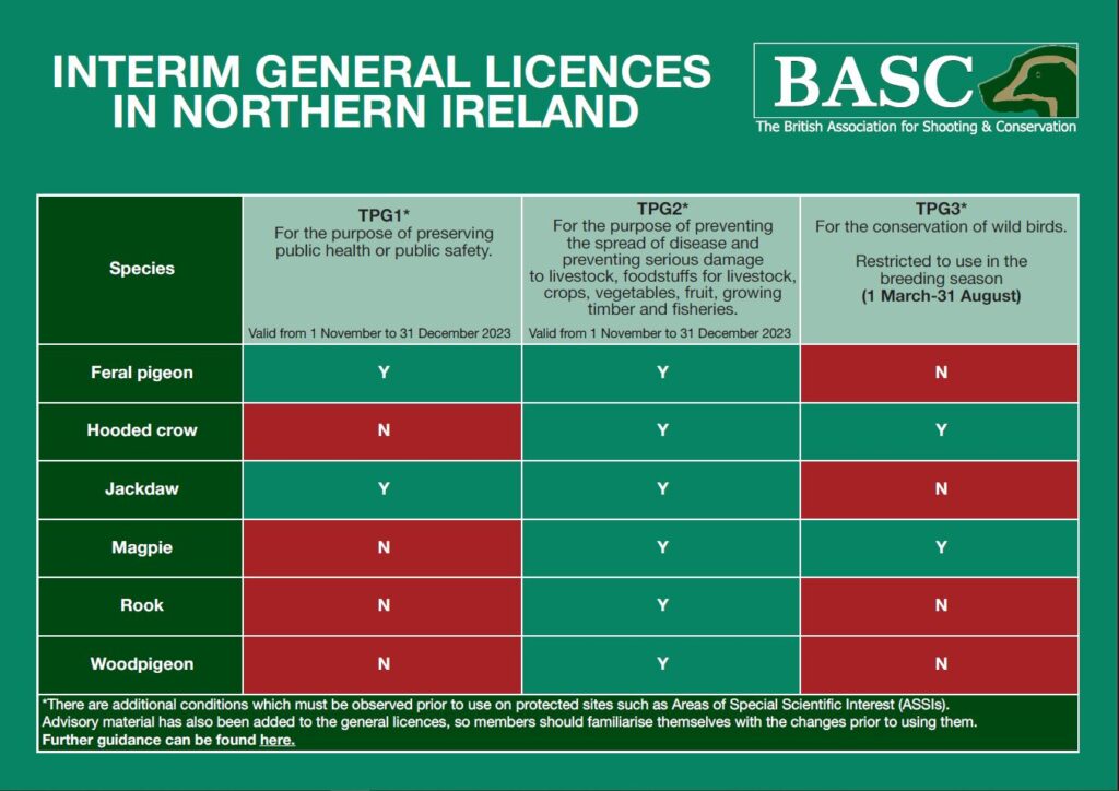 A table outlining the interim general licences for Northern Ireland