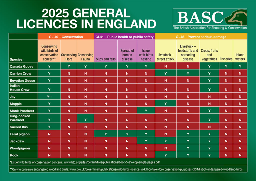 General Licence in England Table Jan 2025