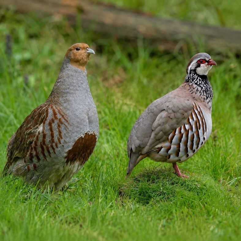 grey and red-legged partridge